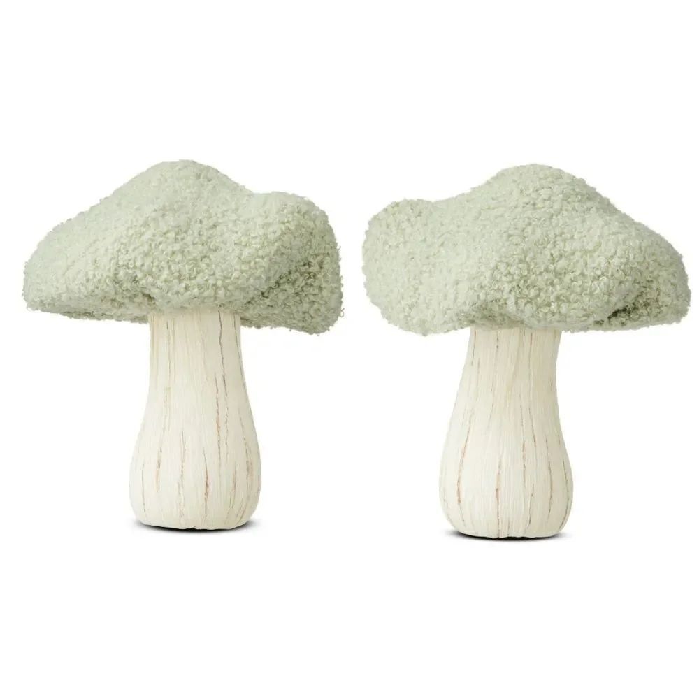 Lot of 2 Easter Spring Summer Fall Green Sherpa Mushrooms Tabletop Decor, 6"